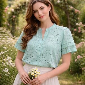 J.Crew Mint blue lace Eyelet Blouse Cottage Coquette Spring Top women XXL plus